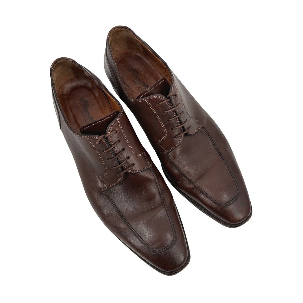 Santoni Mens‎ 11 D Brown Leather Apron Toe Derby Dress Shoes Made in Italy